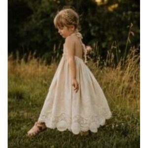 NWOT Elestory Mommy & Me Girls Boho Sundress Sz 6-7 Beige Crochet Eyelet Halter